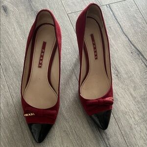 Prada Burgundy Suede Bow Pointed-Toe Pumps with Black Patent Cap